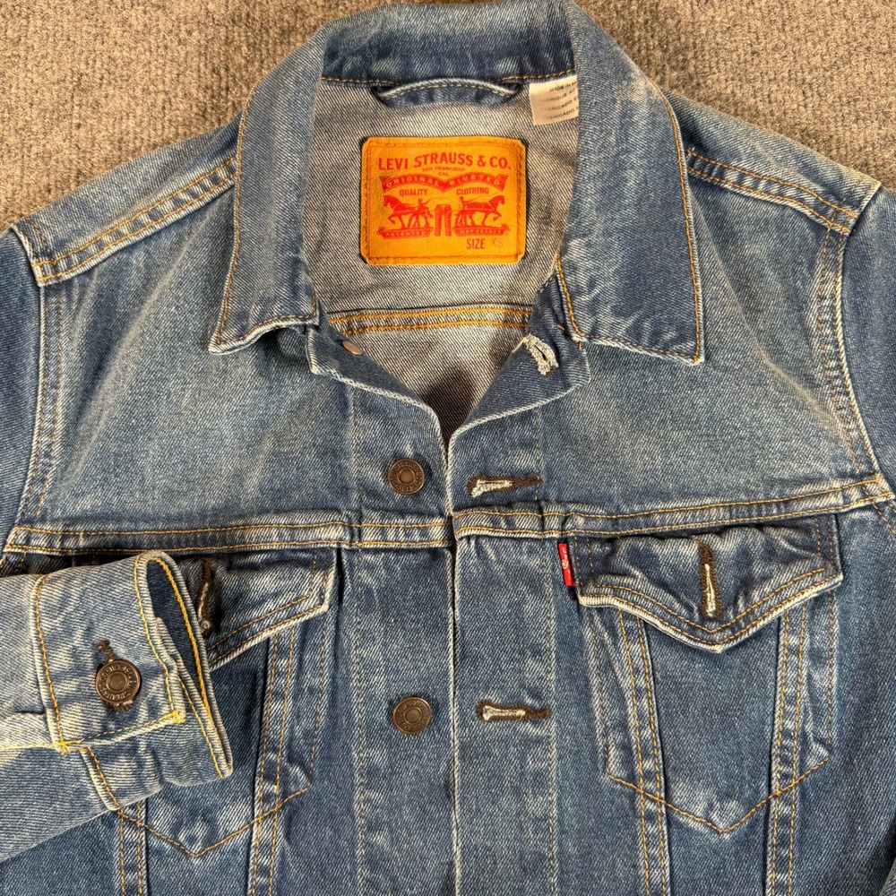 Levis Original Trucker Jacket Womens XS Medium Wash Blue Denim Stretch #3451